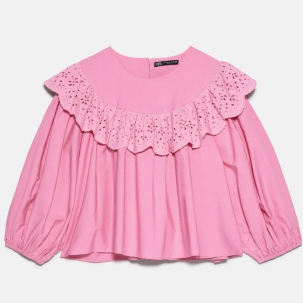 ZARA Eyelet Frilled Poplin Blouse Top Pink XSMALL Balloon Sleeve Women’s NEW - Picture 3 of 16